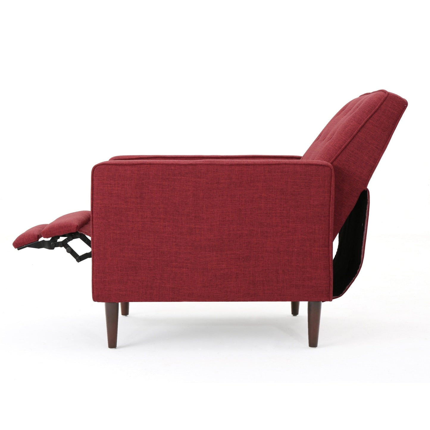 Fauteuil inclinable rembourré en tissu rouge style milieu du siècle avec repose-pieds, dossier capitonné et pieds en hêtre