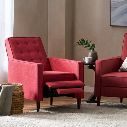 Fauteuil inclinable rembourré en tissu rouge style milieu du siècle avec repose-pieds, dossier capitonné et pieds en hêtre