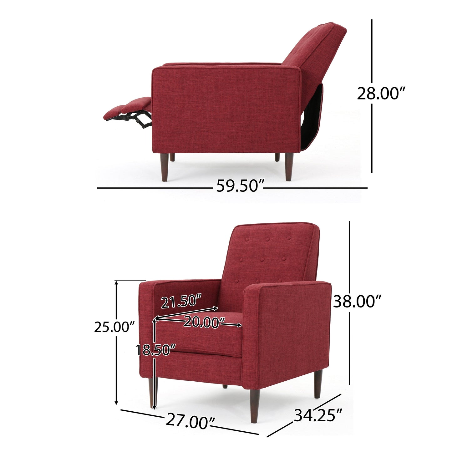 Fauteuil inclinable rembourré en tissu rouge style milieu du siècle avec repose-pieds, dossier capitonné et pieds en hêtre