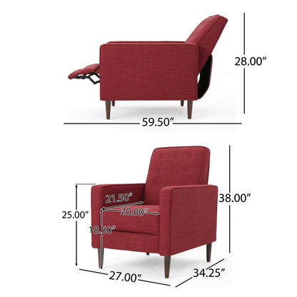 Fauteuil inclinable rembourré en tissu rouge style milieu du siècle avec repose-pieds, dossier capitonné et pieds en hêtre
