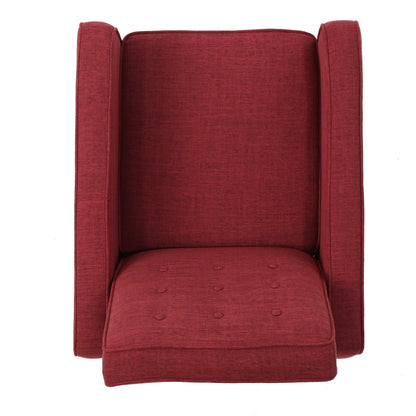 Fauteuil inclinable rembourré en tissu rouge style milieu du siècle avec repose-pieds, dossier capitonné et pieds en hêtre