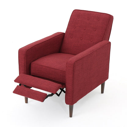 Fauteuil inclinable rembourré en tissu rouge style milieu du siècle avec repose-pieds, dossier capitonné et pieds en hêtre