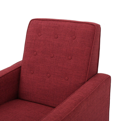Fauteuil inclinable rembourré en tissu rouge style milieu du siècle avec repose-pieds, dossier capitonné et pieds en hêtre
