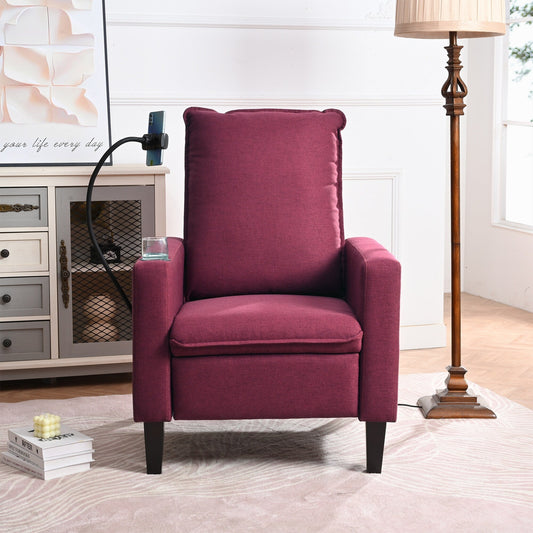 Fauteuil inclinable manuel moderne en tissu rouge avec support pour téléphone portable, porte-gobelet et repose-pieds