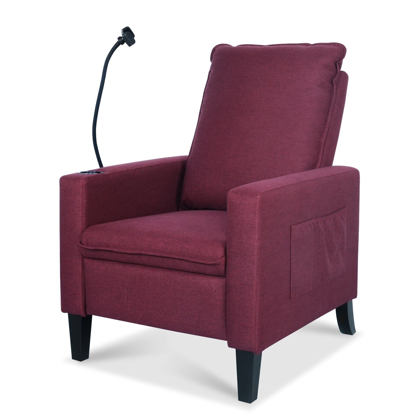 Fauteuil inclinable manuel moderne en tissu rouge avec support pour téléphone portable, porte-gobelet et repose-pieds