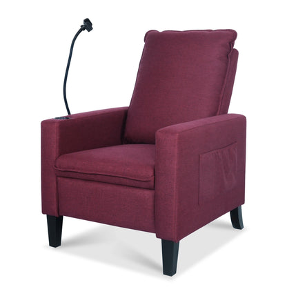 Fauteuil inclinable manuel moderne en tissu rouge avec support pour téléphone portable, porte-gobelet et repose-pieds