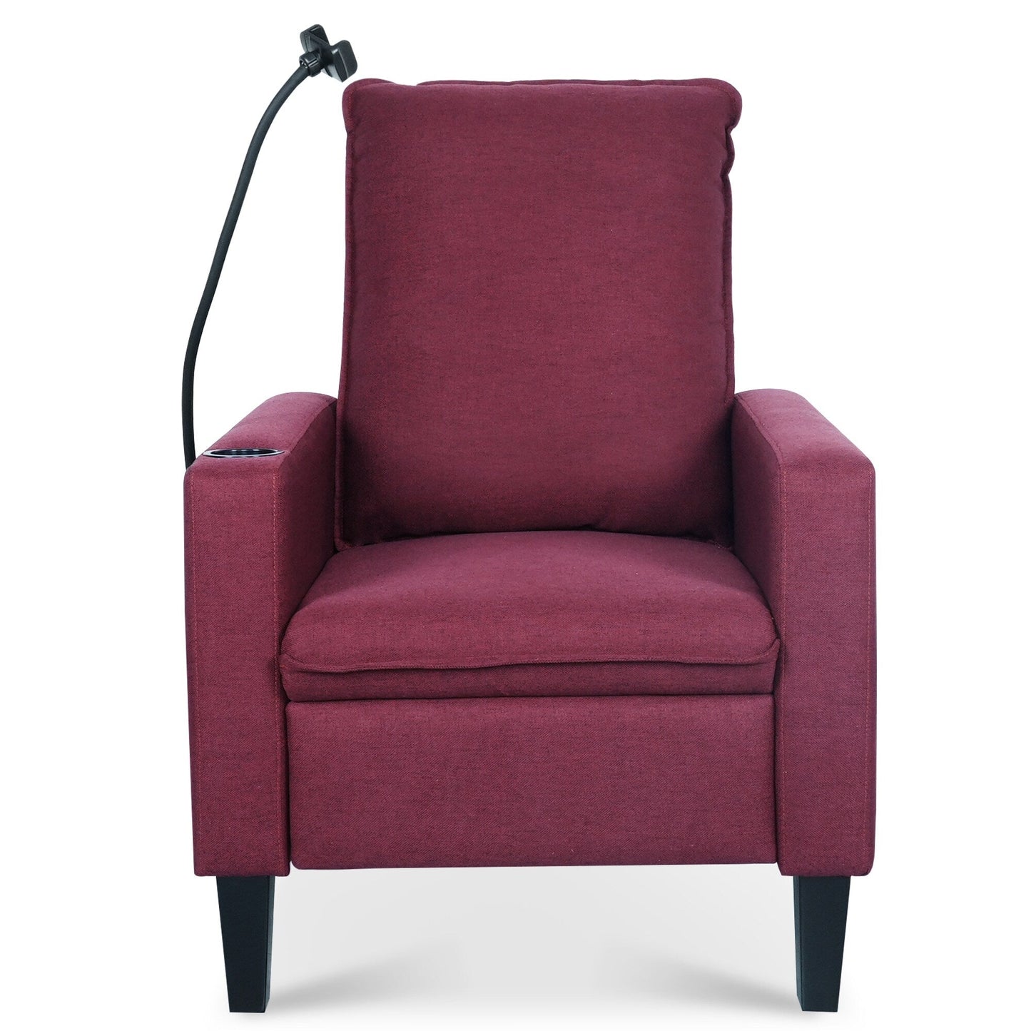 Fauteuil inclinable manuel moderne en tissu rouge avec support pour téléphone portable, porte-gobelet et repose-pieds