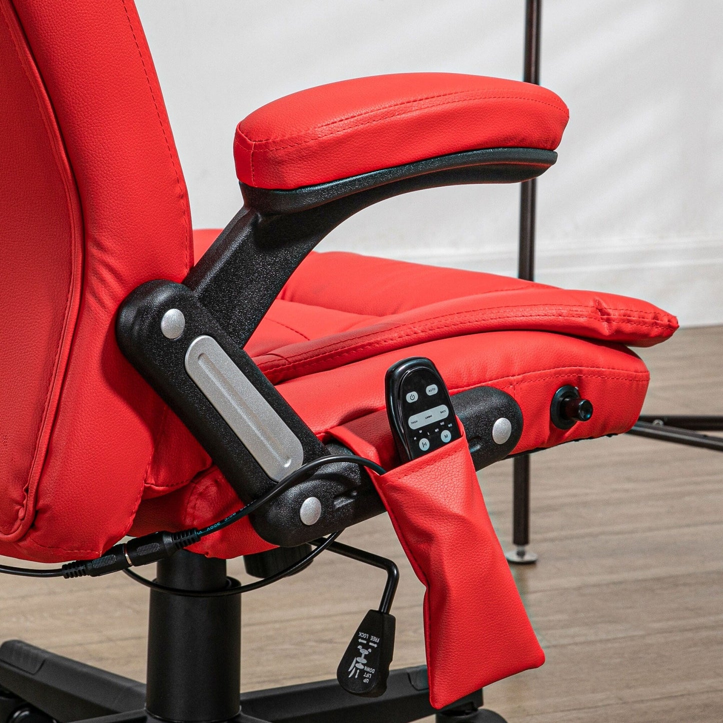 Fauteuil de bureau inclinable pivotant à 360° en cuir PU rouge avec massage par vibration, chauffage lombaire et hauteur réglable