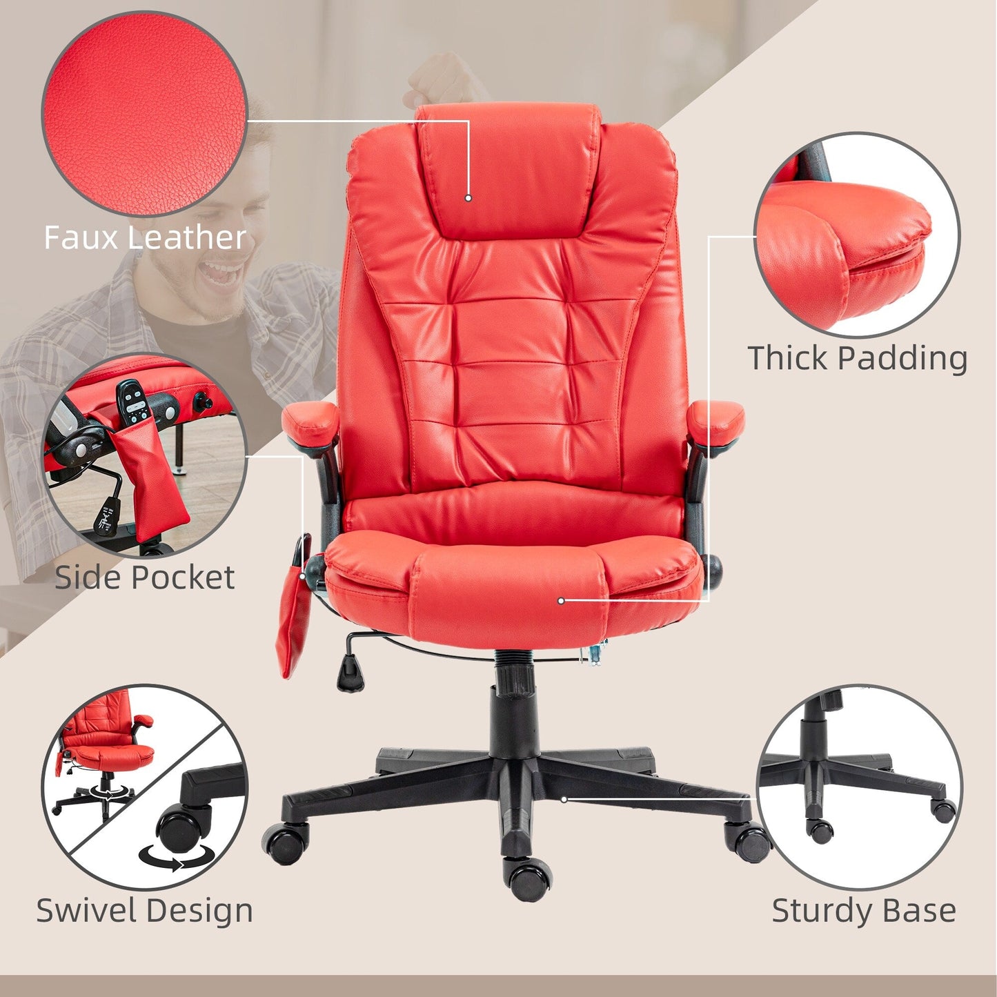 Fauteuil de bureau inclinable pivotant à 360° en cuir PU rouge avec massage par vibration, chauffage lombaire et hauteur réglable