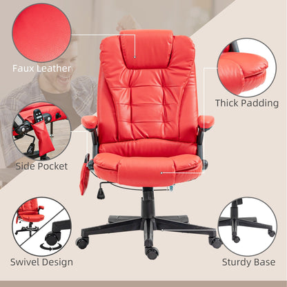 Fauteuil de bureau inclinable pivotant à 360° en cuir PU rouge avec massage par vibration, chauffage lombaire et hauteur réglable