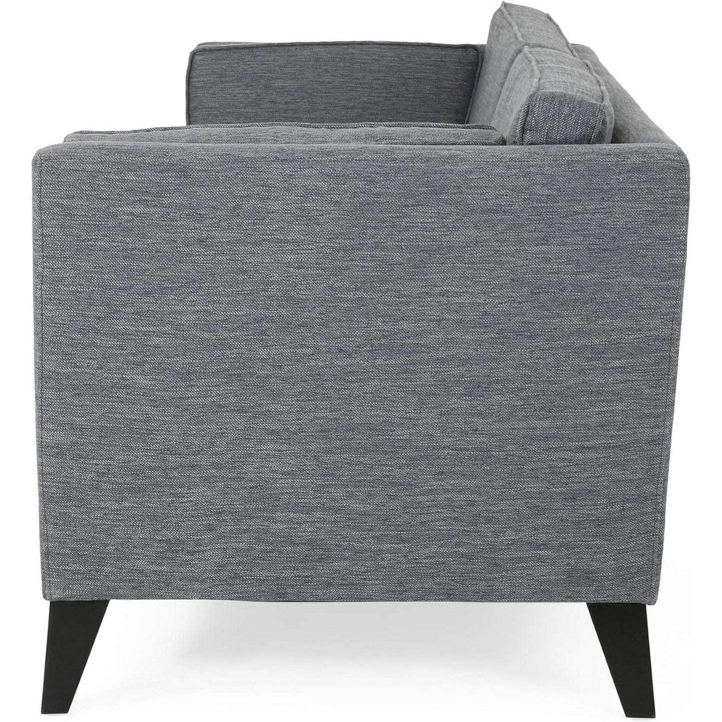 Canapé Reed, 2 coussins latéraux, revêtement en polyester gris, bois noir, 210 cm