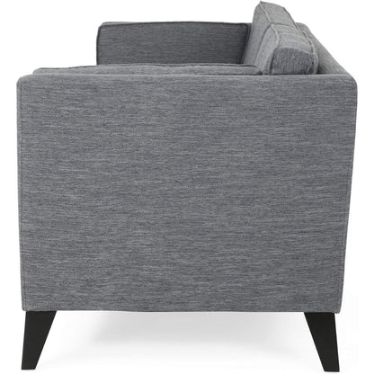 Canapé Reed, 2 coussins latéraux, revêtement en polyester gris, bois noir, 210 cm