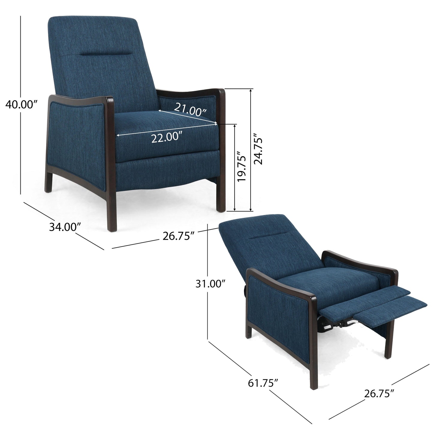 Fauteuil inclinable Reina Push Back, bouleau brun, tissu bleu marine