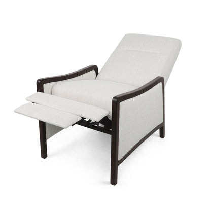 Fauteuil inclinable Reina avec dossier rabattable, bois de bouleau brun, tissu beige