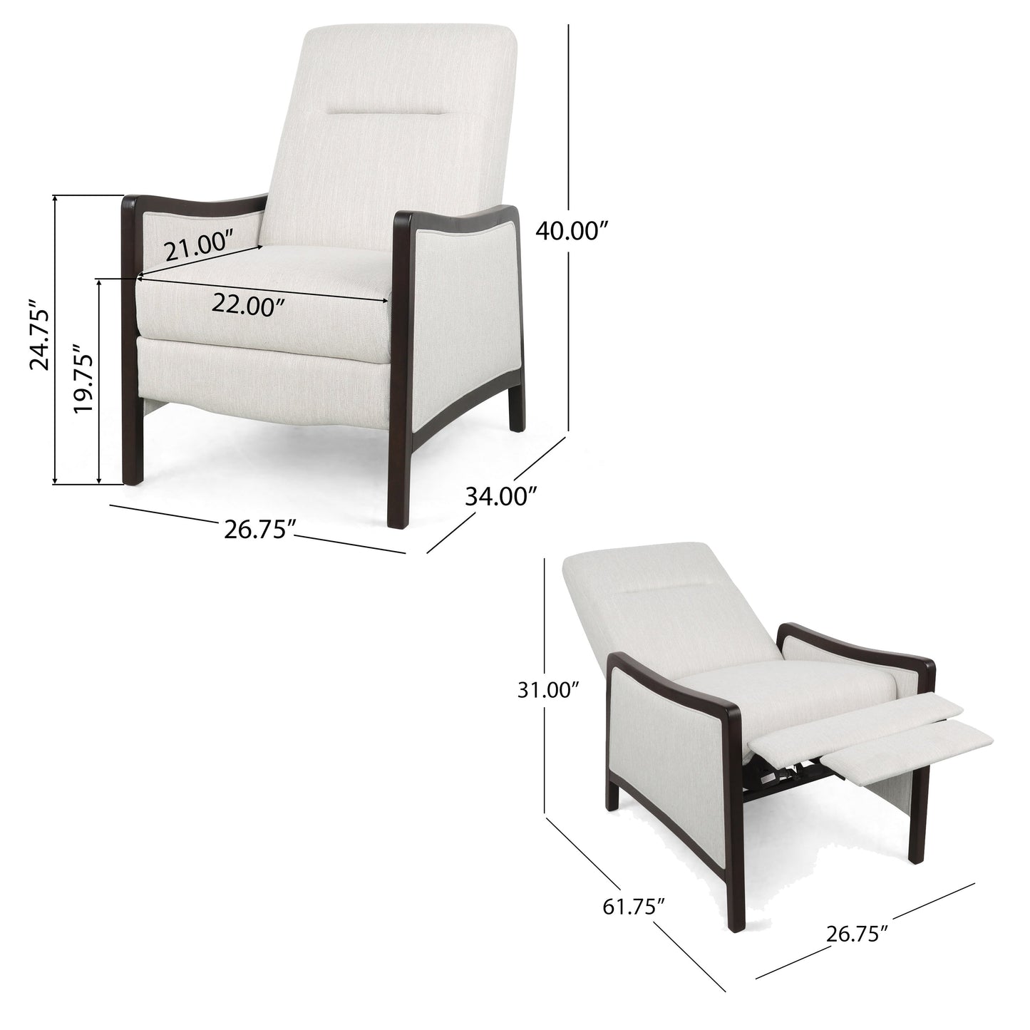 Fauteuil inclinable Reina avec dossier rabattable, bois de bouleau brun, tissu beige