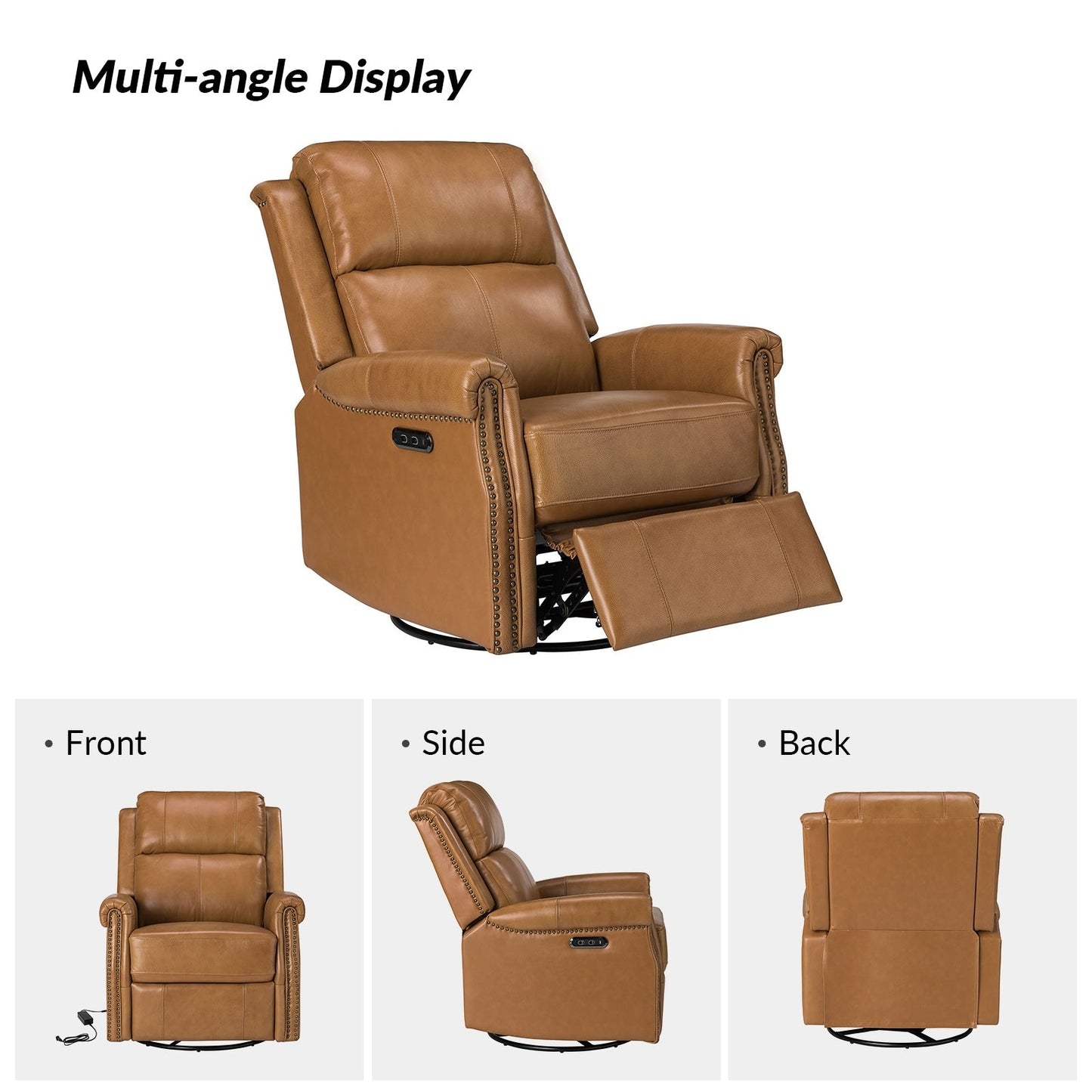 Fauteuil inclinable pivotant traditionnel Renato en cuir véritable avec base en métal, lot de 2 par HULALA HOME