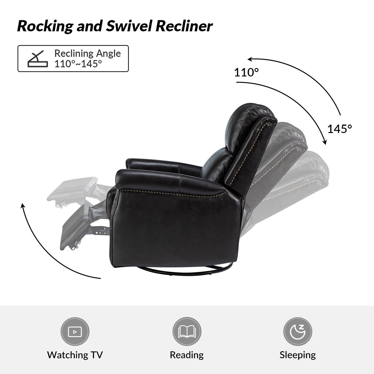 Fauteuil inclinable pivotant traditionnel Renato en cuir véritable avec base en métal, lot de 2 par HULALA HOME