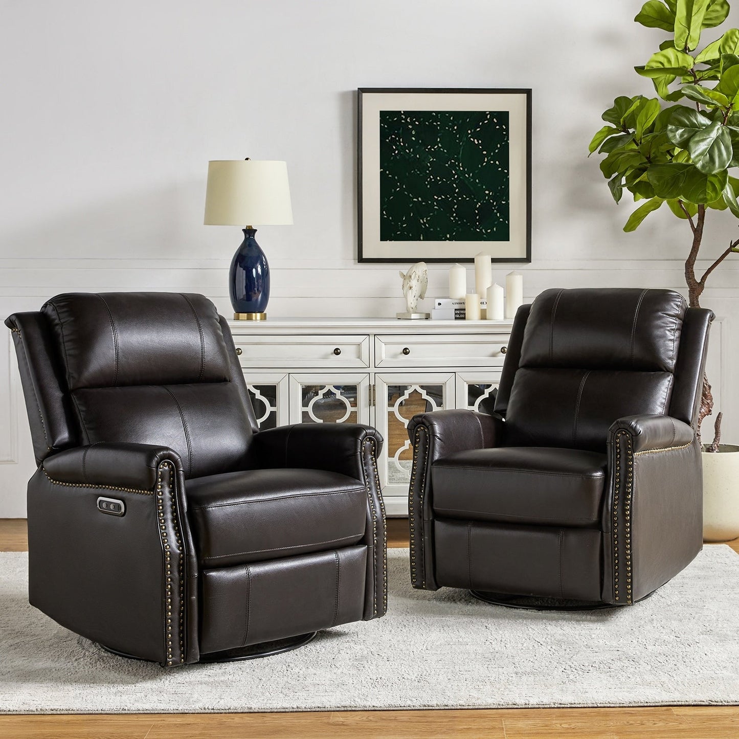 Fauteuil inclinable pivotant traditionnel Renato en cuir véritable avec base en métal, lot de 2 par HULALA HOME