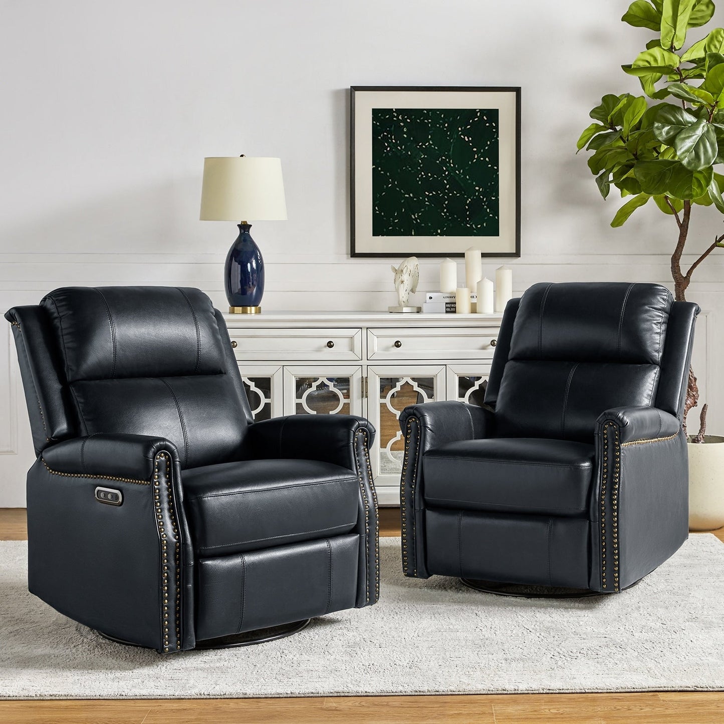 Fauteuil inclinable pivotant traditionnel Renato en cuir véritable avec base en métal, lot de 2 par HULALA HOME