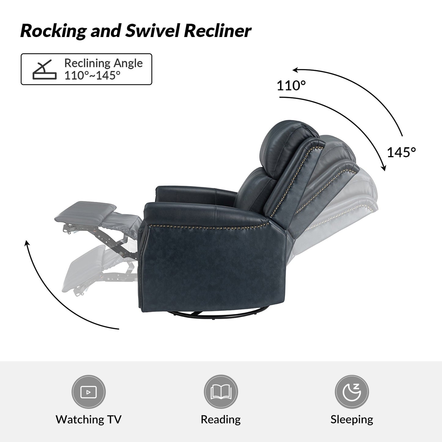 Fauteuil inclinable pivotant traditionnel Renato en cuir véritable avec base en métal, lot de 2 par HULALA HOME