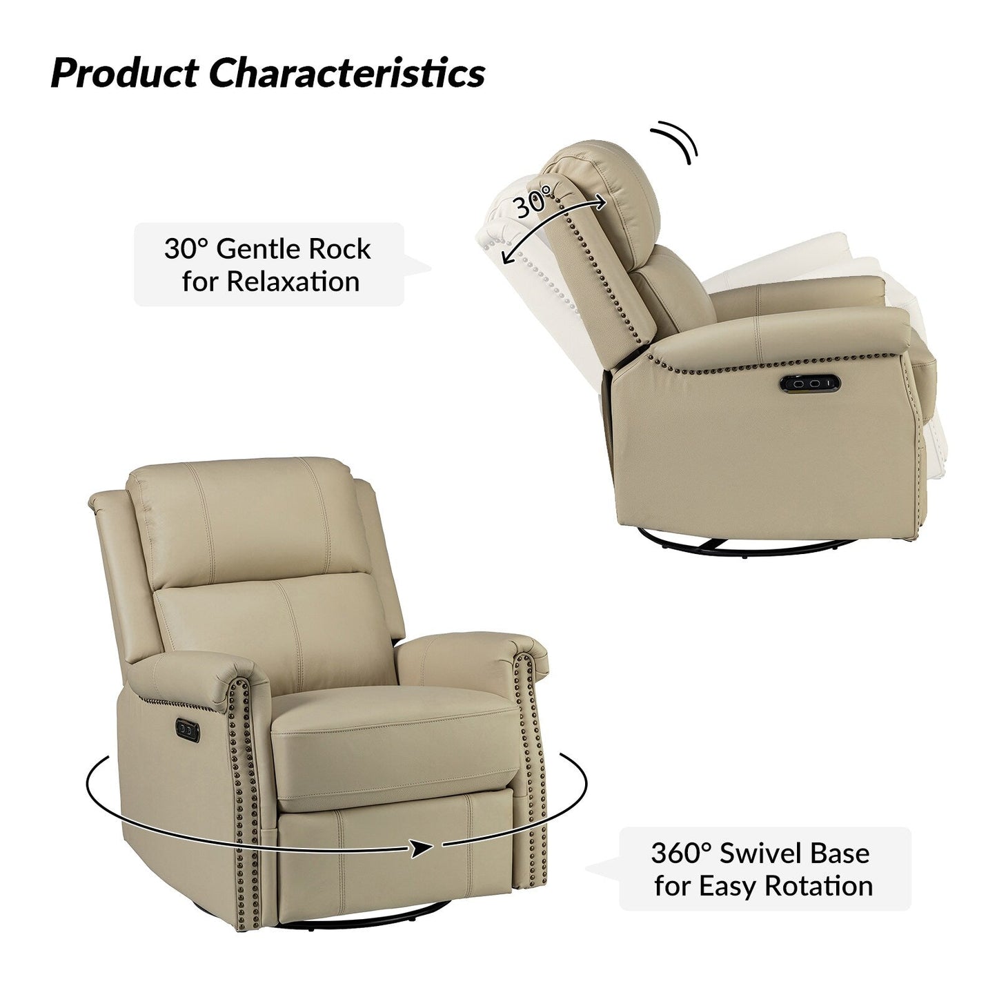 Fauteuil inclinable pivotant traditionnel Renato en cuir véritable avec base en métal, lot de 2 par HULALA HOME