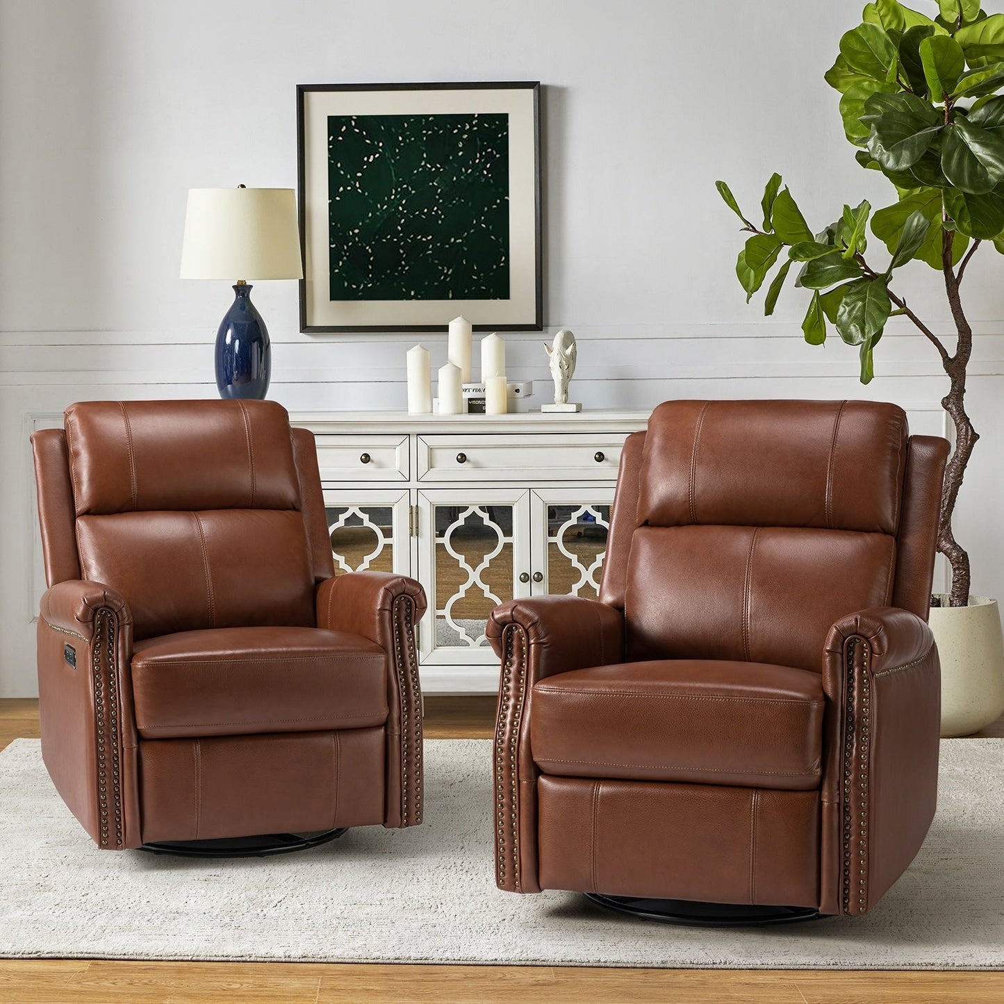 Fauteuil inclinable pivotant traditionnel Renato en cuir véritable avec base en métal, lot de 2 par HULALA HOME