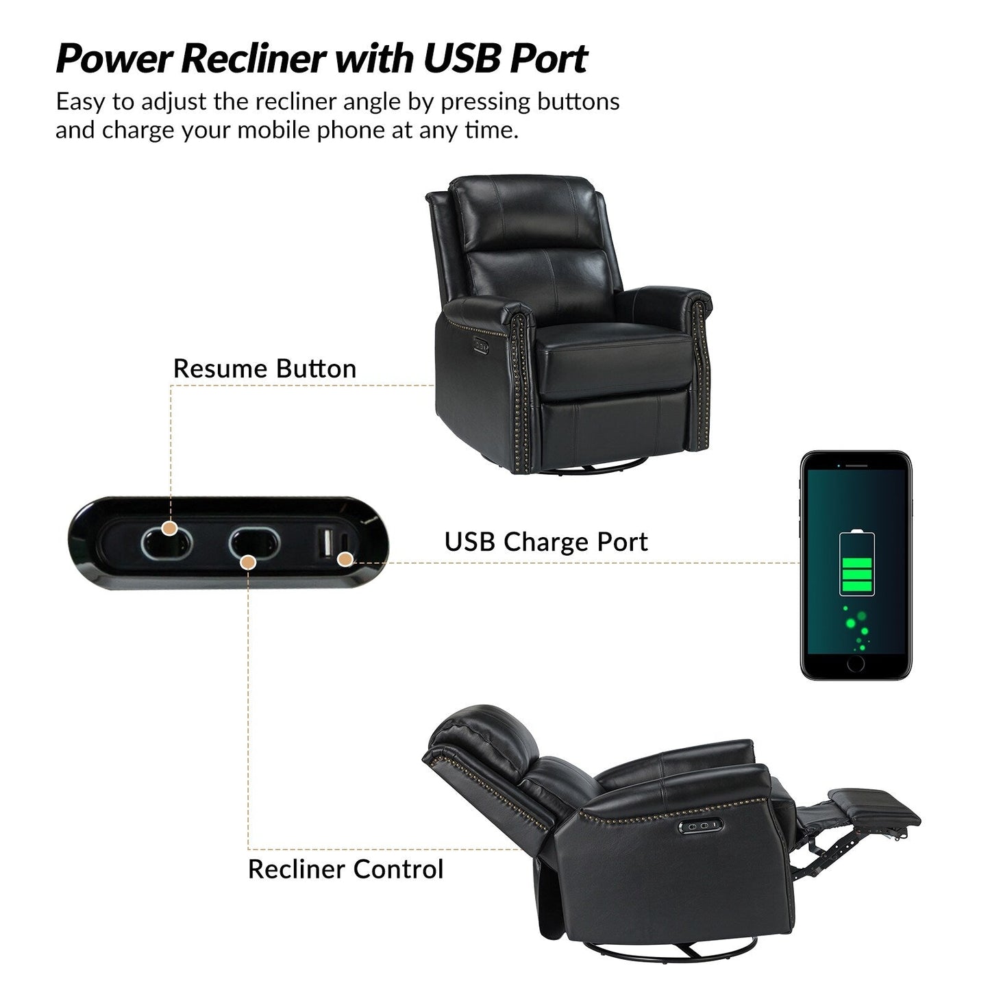 Fauteuil inclinable pivotant traditionnel Renato en cuir véritable avec base en métal, lot de 2 par HULALA HOME