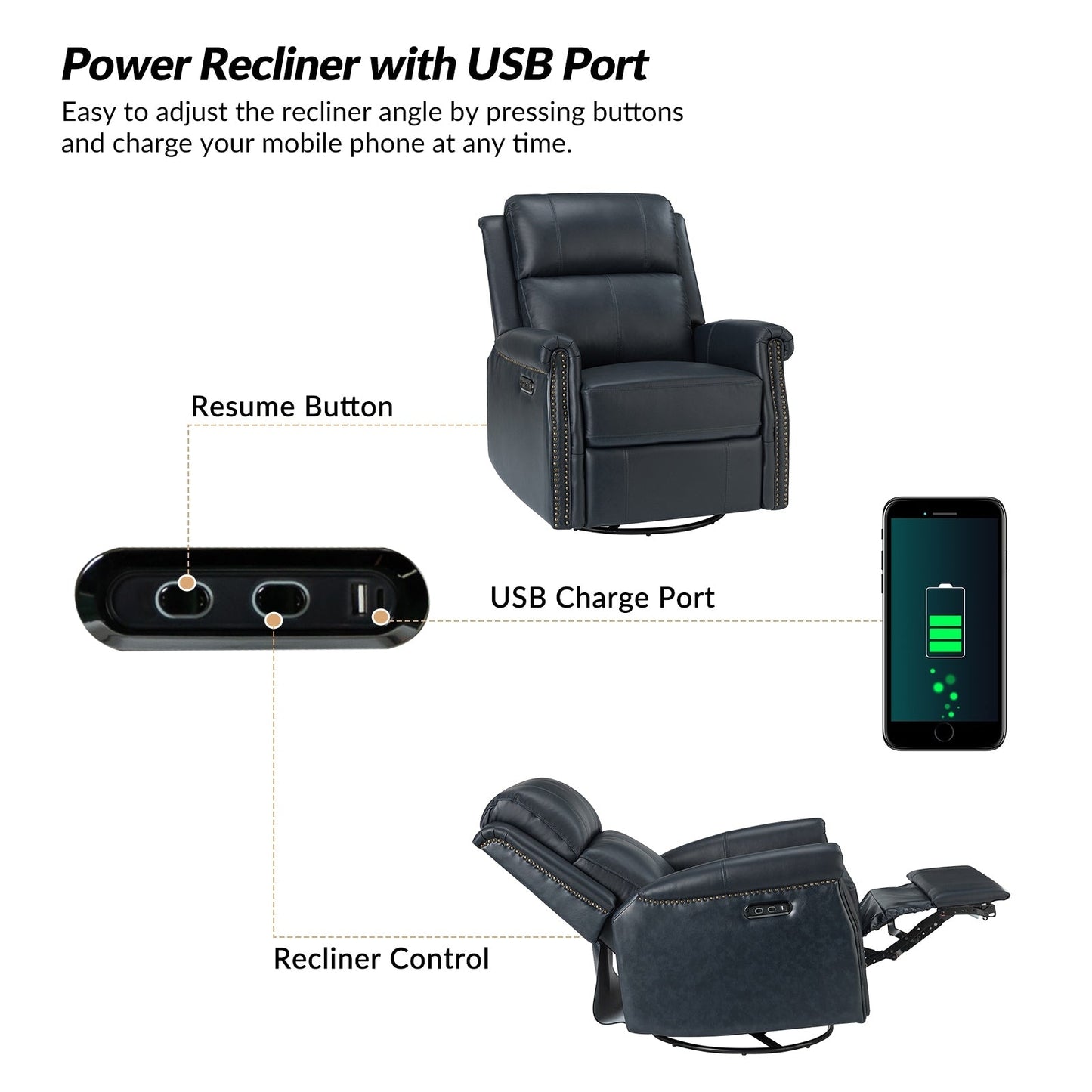 Fauteuil inclinable pivotant traditionnel Renato en cuir véritable avec base en métal, lot de 2 par HULALA HOME