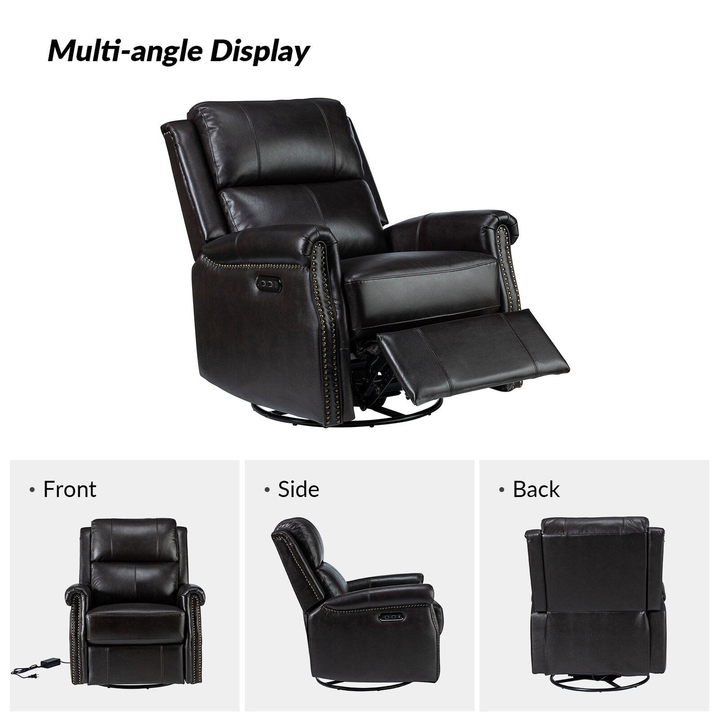 Fauteuil inclinable pivotant traditionnel Renato en cuir véritable avec base en métal, lot de 2 par HULALA HOME