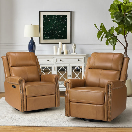 Fauteuil inclinable pivotant traditionnel Renato en cuir véritable avec base en métal, lot de 2 par HULALA HOME