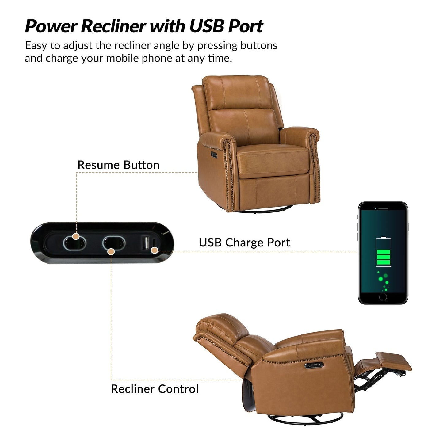 Fauteuil inclinable pivotant traditionnel Renato en cuir véritable avec base en métal, lot de 2 par HULALA HOME