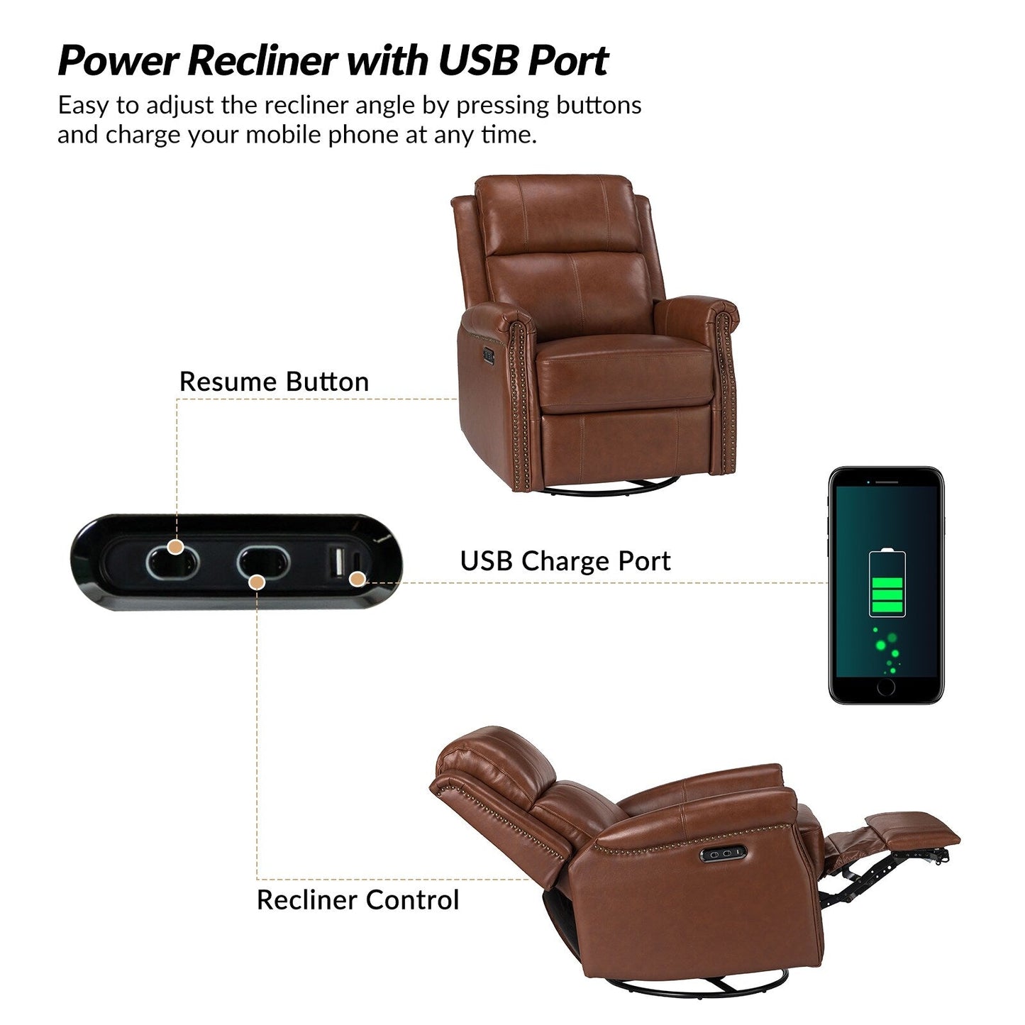 Fauteuil inclinable pivotant traditionnel Renato en cuir véritable avec base en métal, lot de 2 par HULALA HOME