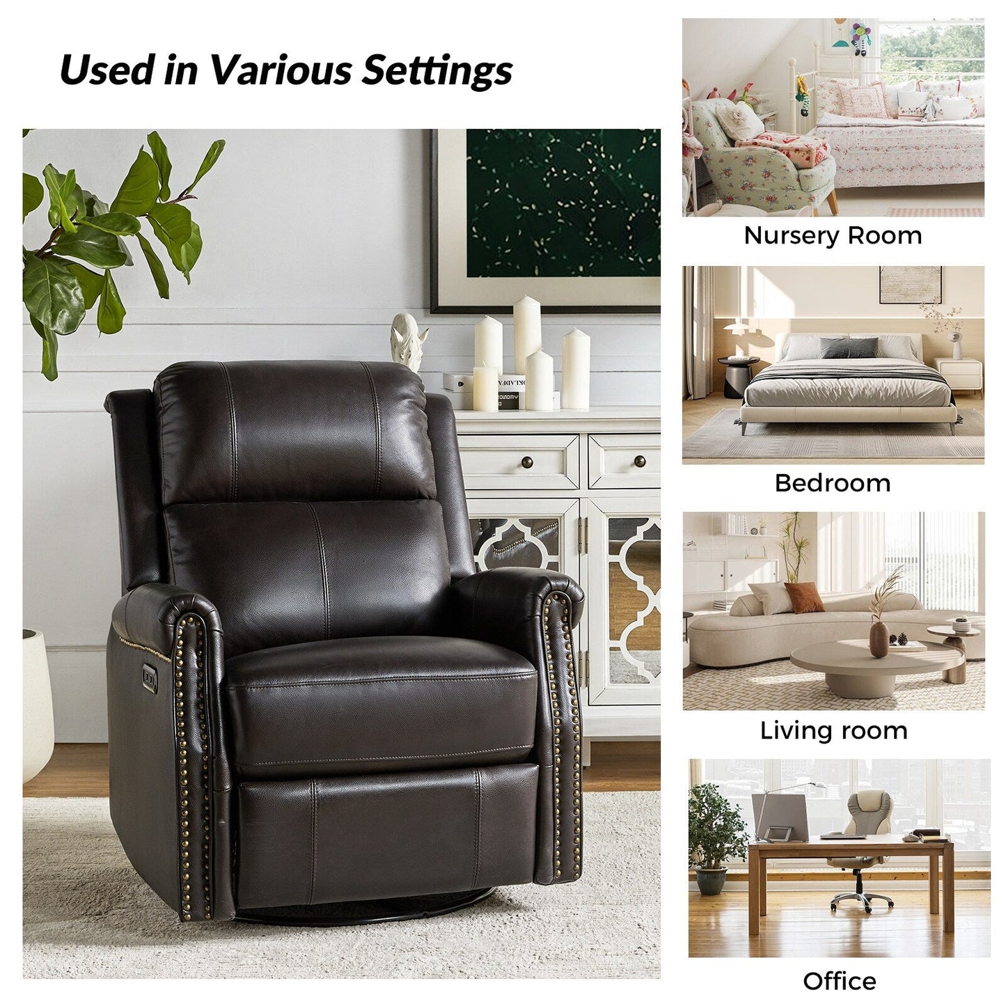 Fauteuil inclinable pivotant traditionnel Renato en cuir véritable avec base en métal, lot de 2 par HULALA HOME