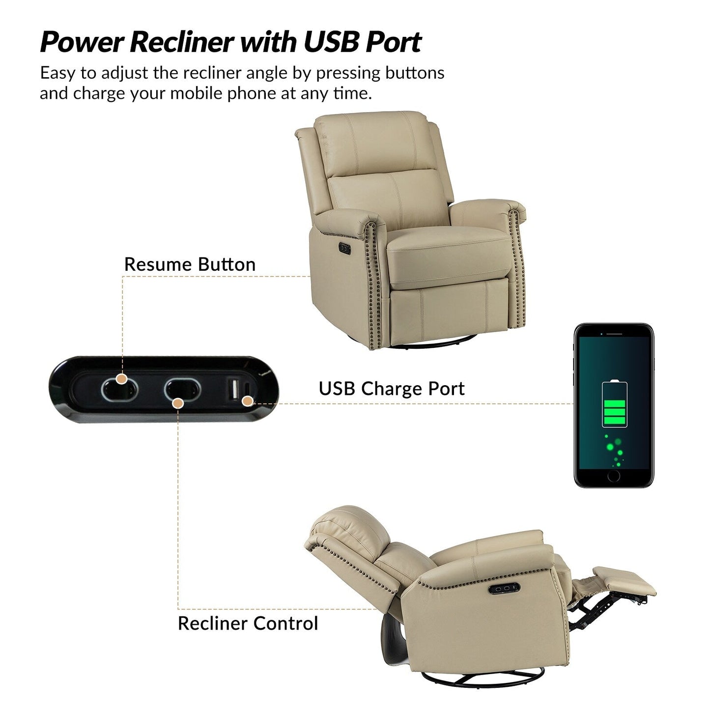 Fauteuil inclinable pivotant traditionnel Renato en cuir véritable avec base en métal, lot de 2 par HULALA HOME