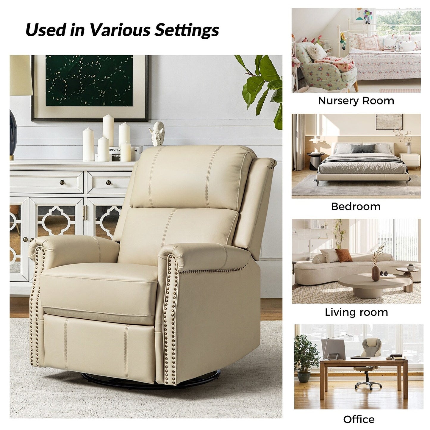 Fauteuil inclinable pivotant traditionnel Renato en cuir véritable avec base en métal, lot de 2 par HULALA HOME