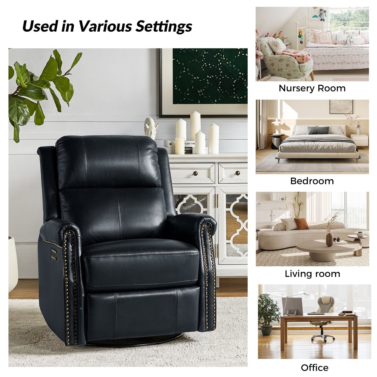 Fauteuil inclinable pivotant traditionnel Renato en cuir véritable avec base en métal, lot de 2 par HULALA HOME