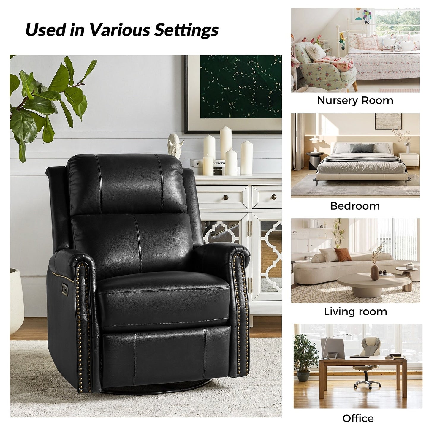 Fauteuil inclinable pivotant traditionnel Renato en cuir véritable avec base en métal, lot de 2 par HULALA HOME