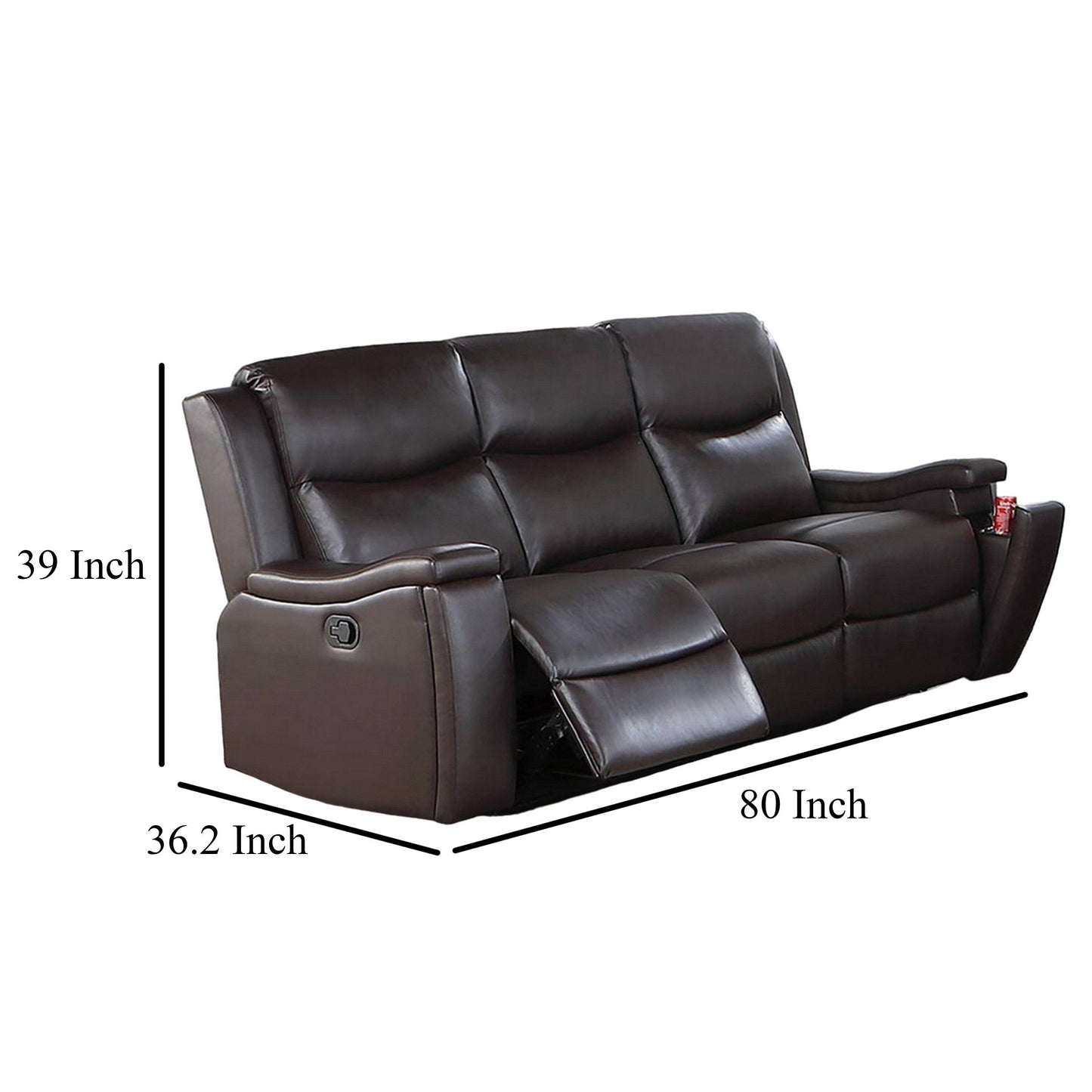 Canapé inclinable manuel Renna, porte-gobelet, similicuir marron, 80 pouces