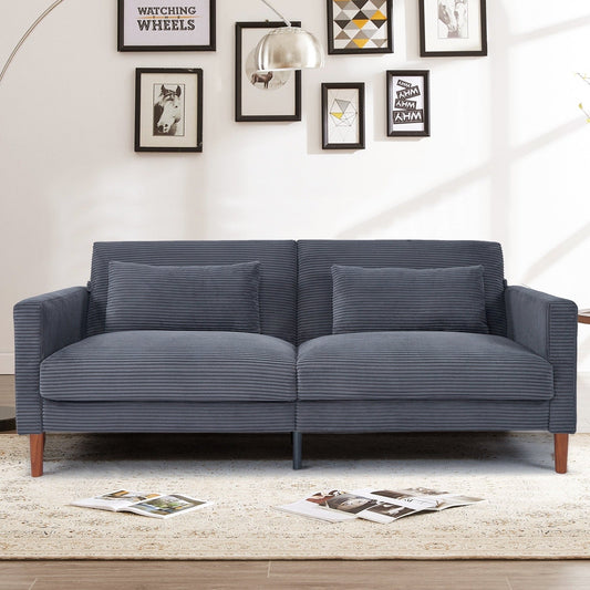 Causeuse rectangulaire rétro confortable de 74 po, 2 places, en velours côtelé, avec bois massif et 2 coussins, 4 couleurs en option