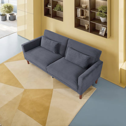 Causeuse rectangulaire rétro confortable de 74 po, 2 places, en velours côtelé, avec bois massif et 2 coussins, 4 couleurs en option