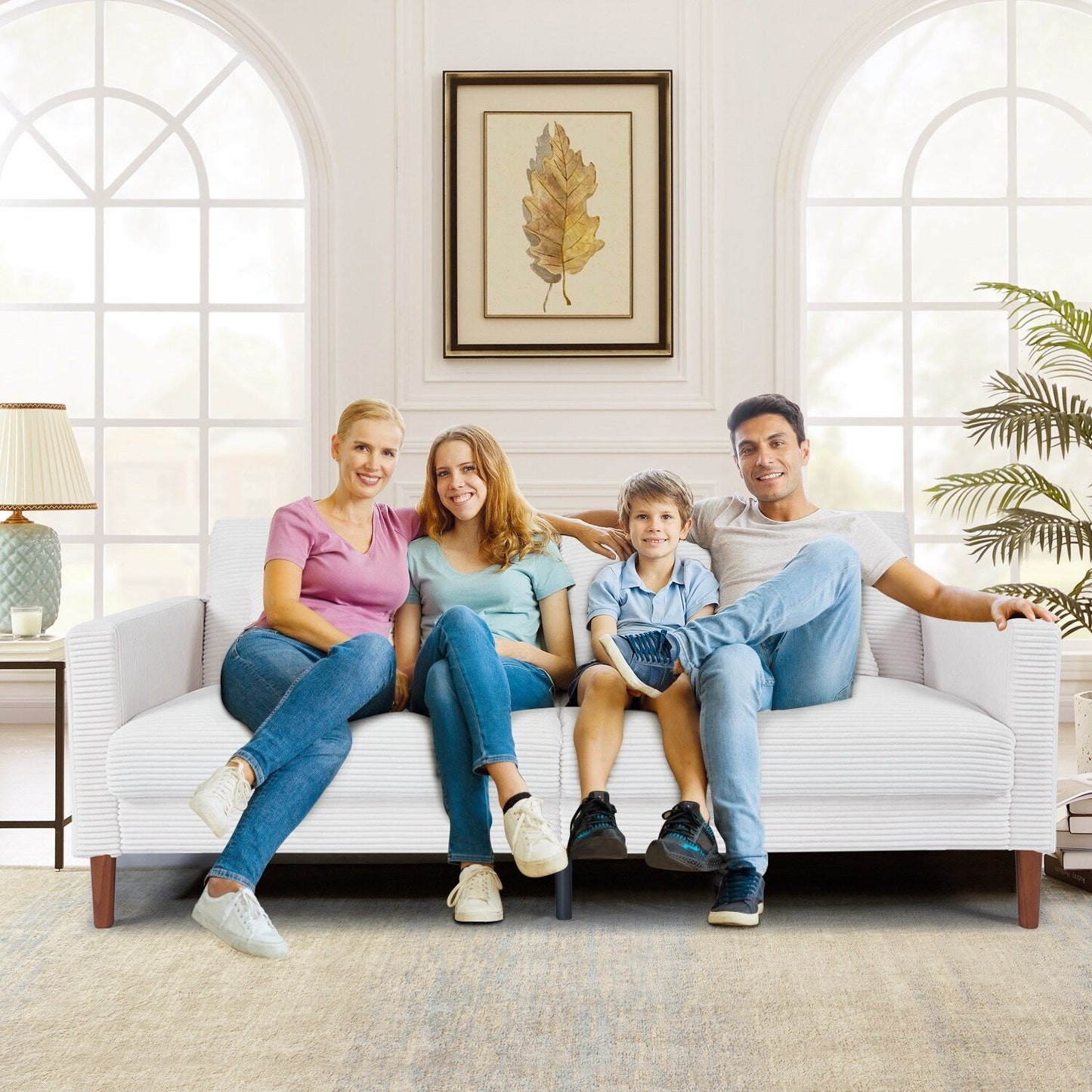 Causeuse rectangulaire rétro confortable de 74 po, 2 places, en velours côtelé, avec bois massif et 2 coussins, 4 couleurs en option