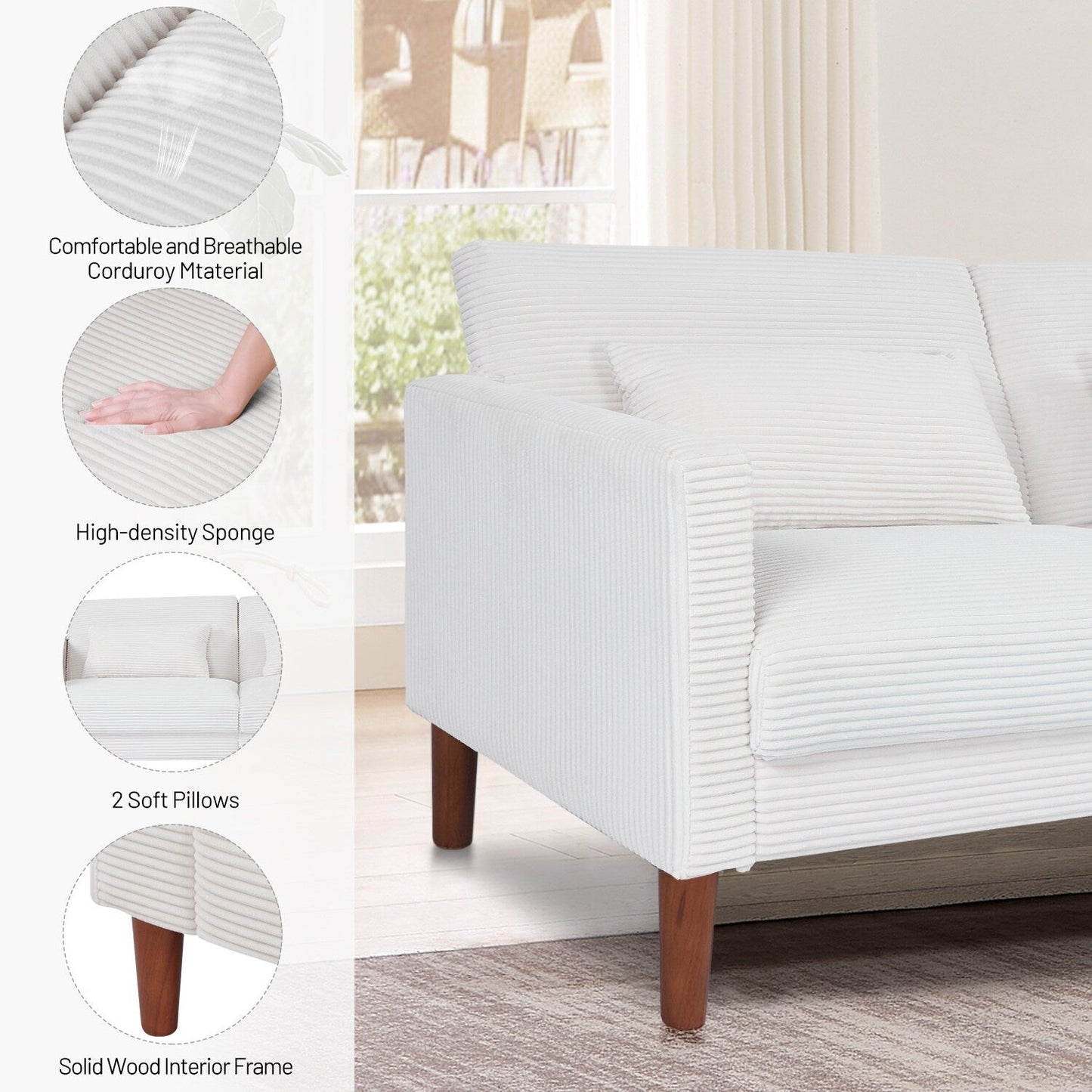 Causeuse rectangulaire rétro confortable de 74 po, 2 places, en velours côtelé, avec bois massif et 2 coussins, 4 couleurs en option