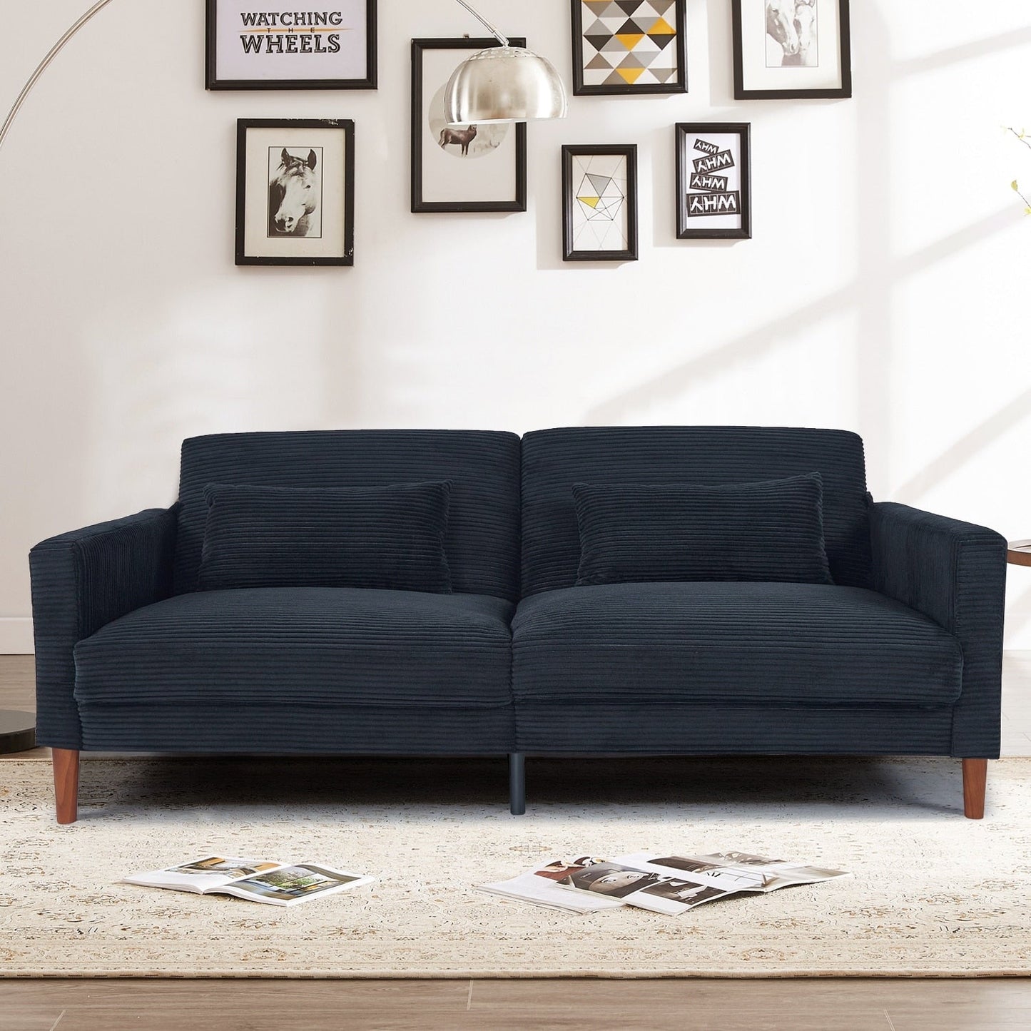 Causeuse rectangulaire rétro confortable de 74 po, 2 places, en velours côtelé, avec bois massif et 2 coussins, 4 couleurs en option