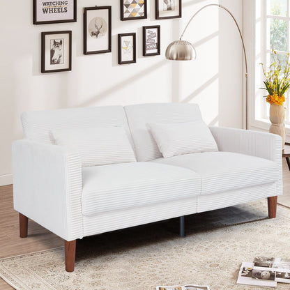 Causeuse rectangulaire rétro confortable de 74 po, 2 places, en velours côtelé, avec bois massif et 2 coussins, 4 couleurs en option