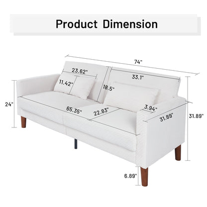 Causeuse rectangulaire rétro confortable de 74 po, 2 places, en velours côtelé, avec bois massif et 2 coussins, 4 couleurs en option