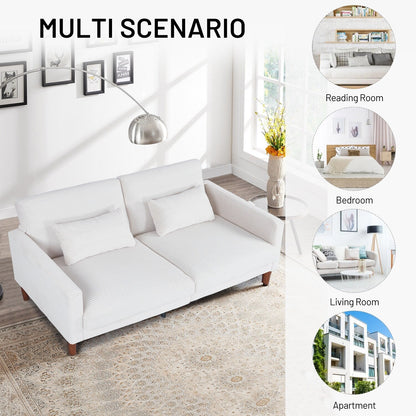 Causeuse rectangulaire rétro confortable de 74 po, 2 places, en velours côtelé, avec bois massif et 2 coussins, 4 couleurs en option