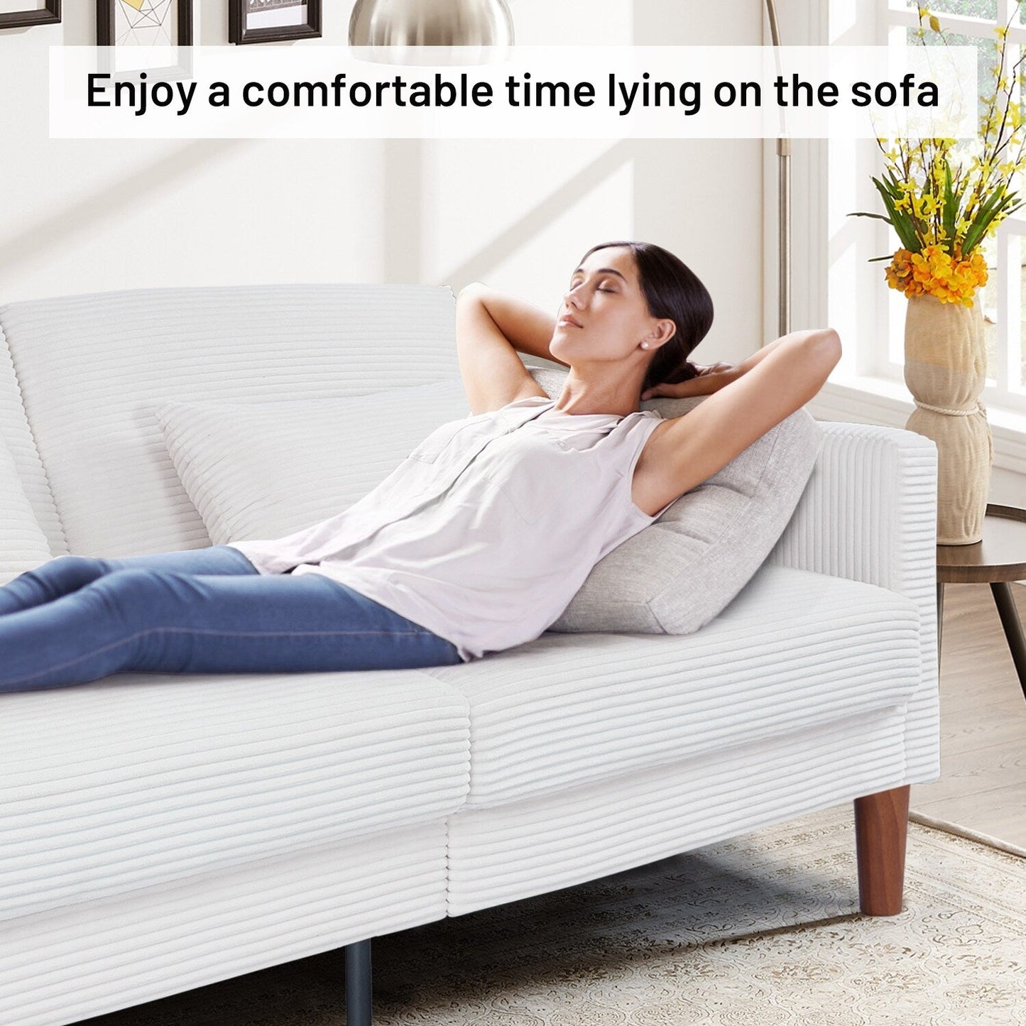 Causeuse rectangulaire rétro confortable de 74 po, 2 places, en velours côtelé, avec bois massif et 2 coussins, 4 couleurs en option