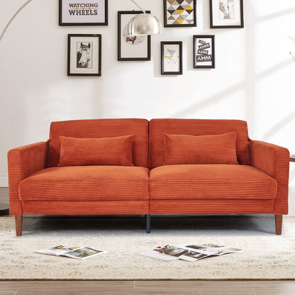 Causeuse rectangulaire rétro confortable de 74 po, 2 places, en velours côtelé, avec bois massif et 2 coussins, 4 couleurs en option