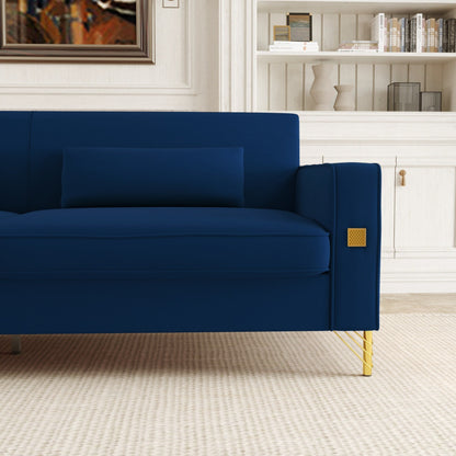 Canapé 3 places en velours bleu rétro moderne 85,63 avec touches dorées et coussins moelleux pour le salon