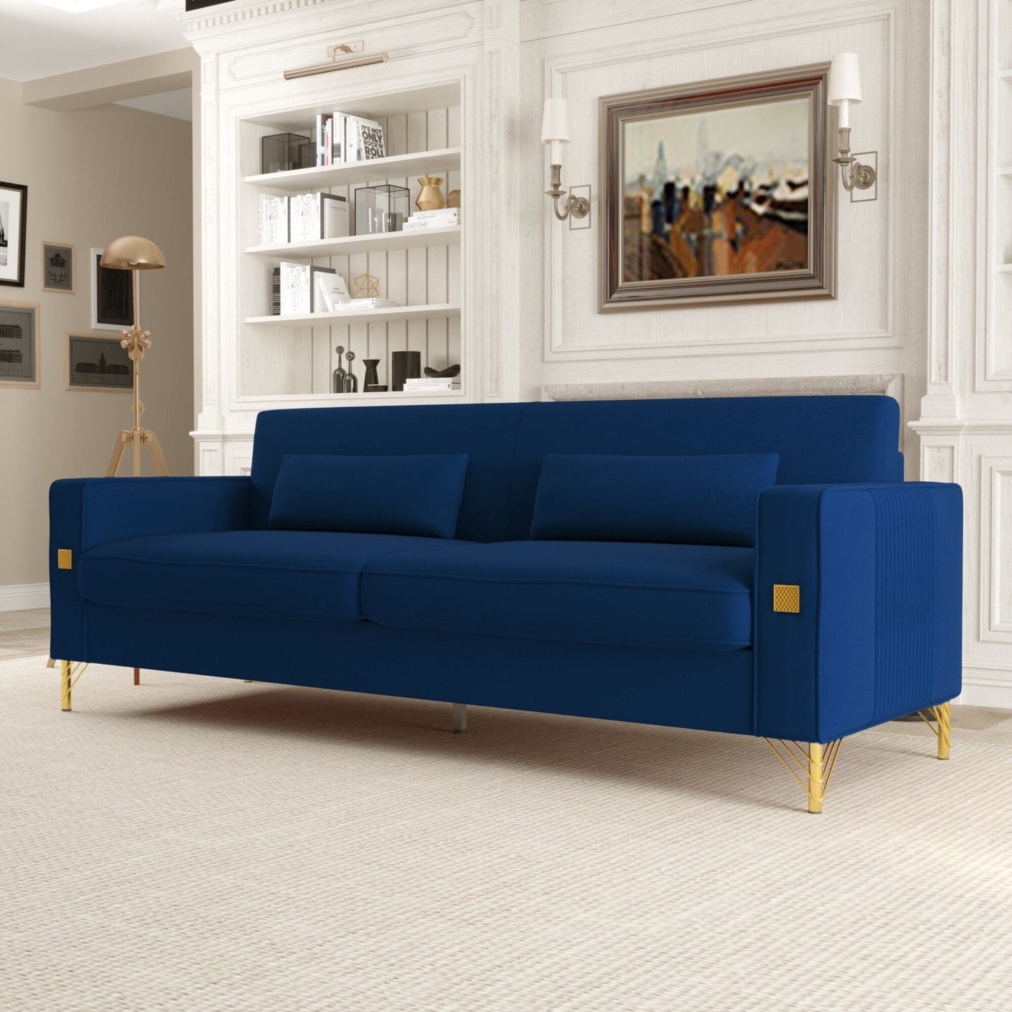 Canapé 3 places en velours bleu rétro moderne 85,63 avec touches dorées et coussins moelleux pour le salon